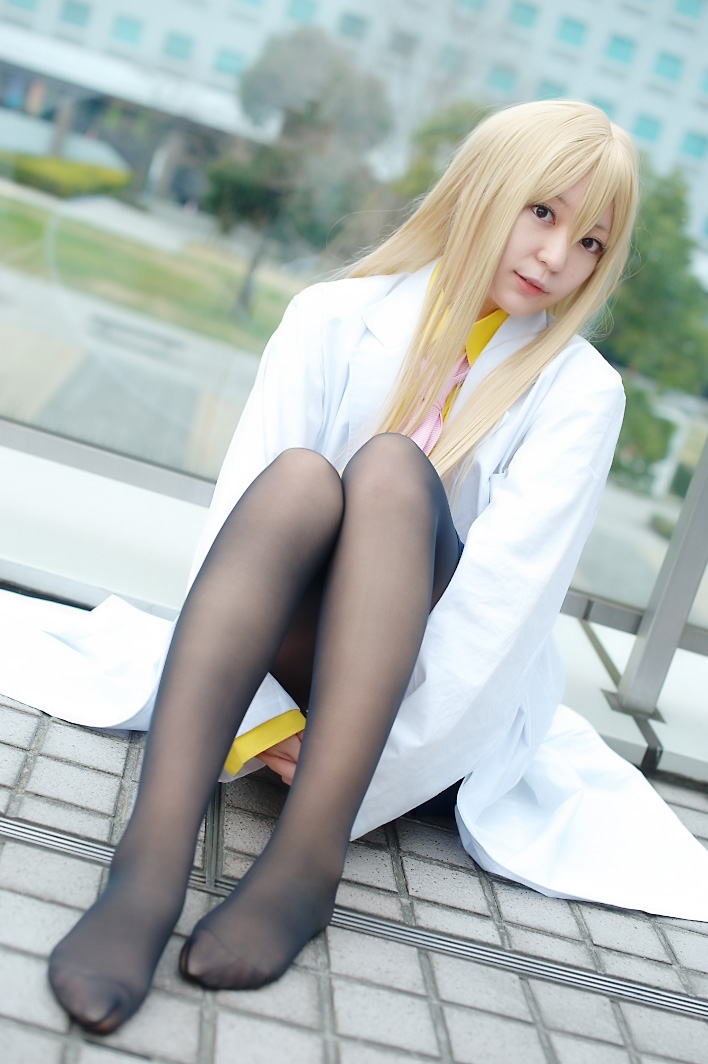 Asian Blonde Cosplay Girl wearing Doctor Costume, Black Sheer Lycra Pantyhose and White Cotton Overall