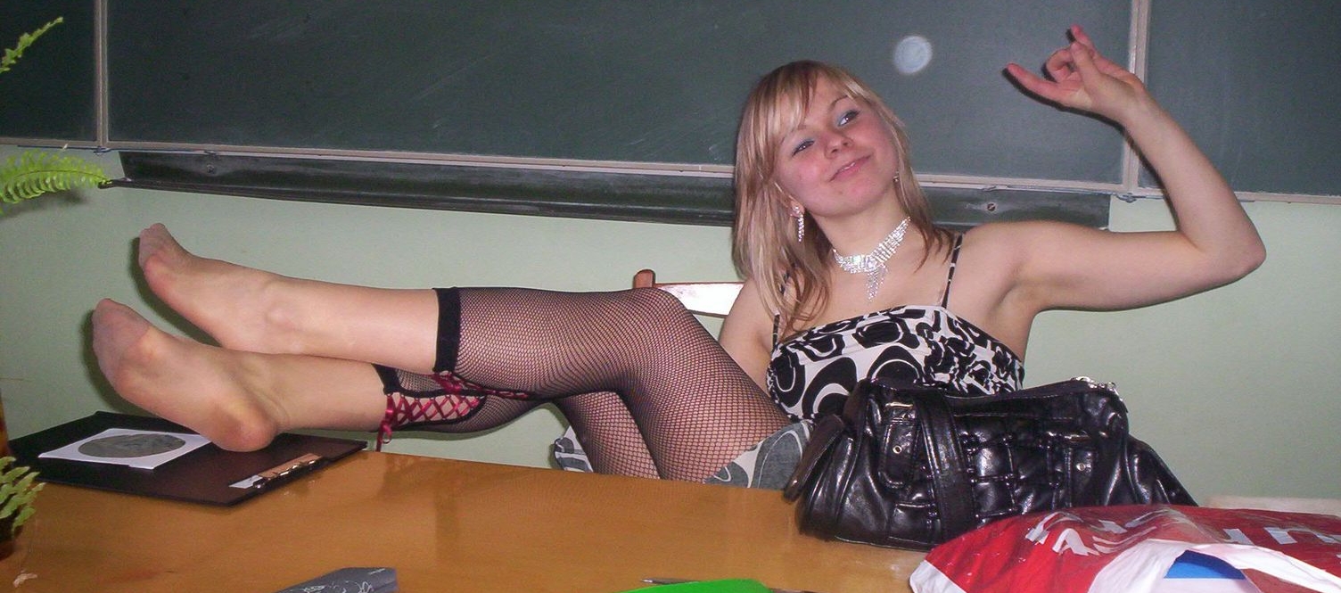 Blonde Teen Girl wearing Black Fishnet Leggings and Tan Sheer Pantyhose