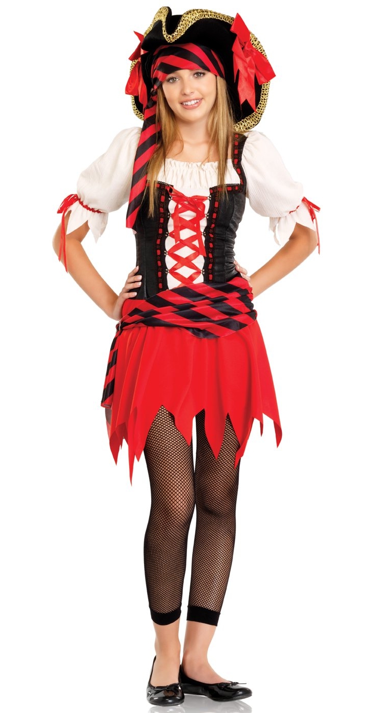 Blonde Girl in Pirate costume wearing Black Fishnet Leggings and Red Nylon Miniskirt