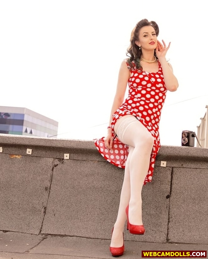 Brunette Pin-Up wearing White Sheer Nylon Stay-Up Stockings and Red Short Dress on Webcam Dolls