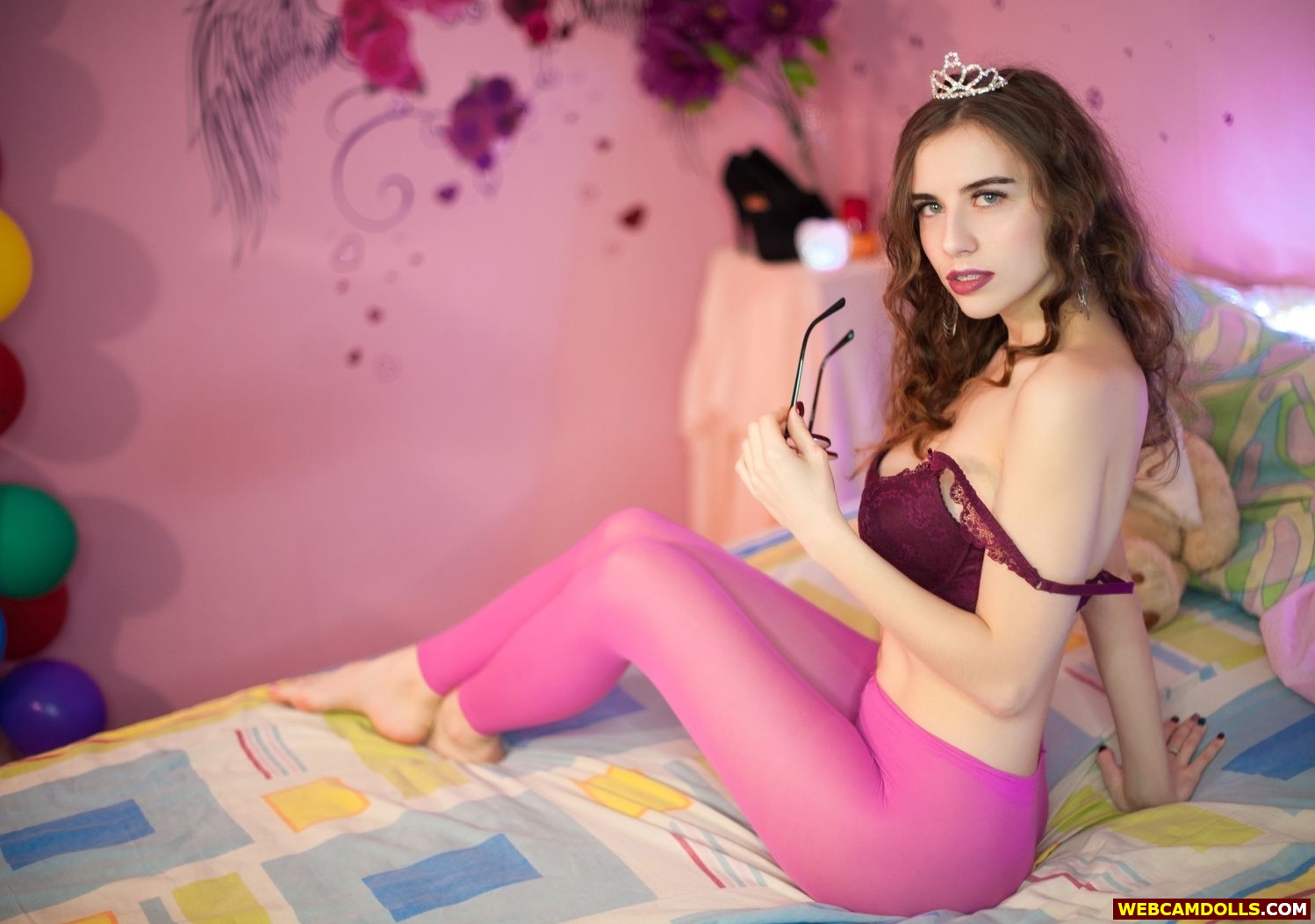 Auburn Teen Girl in Pink Sheer Leggings and Purple Bra on Webcamdolls